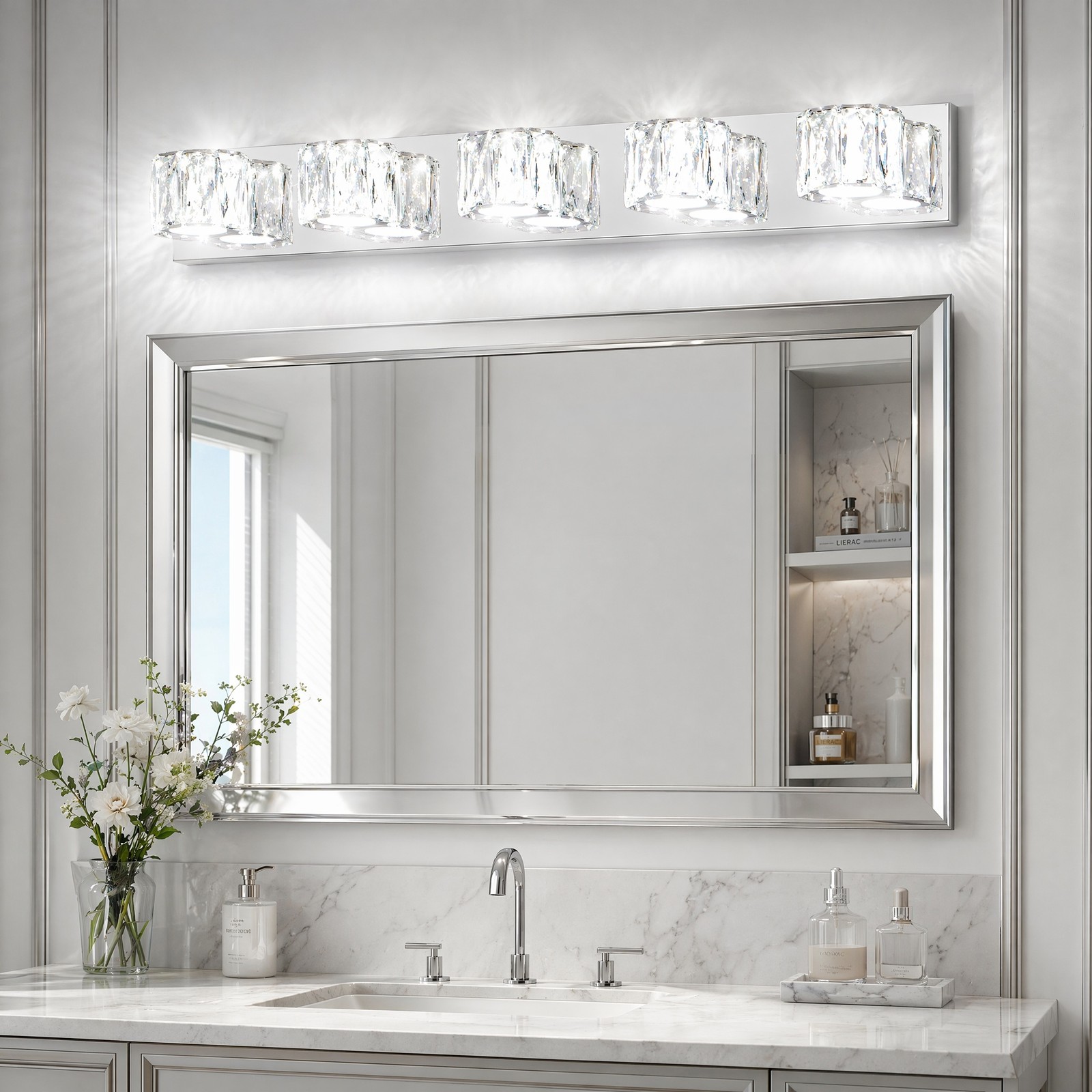 35 inch Bathroom Chrome Crystal LED Vanity 5 Light Mirror Wall Sconce Fixture gallery