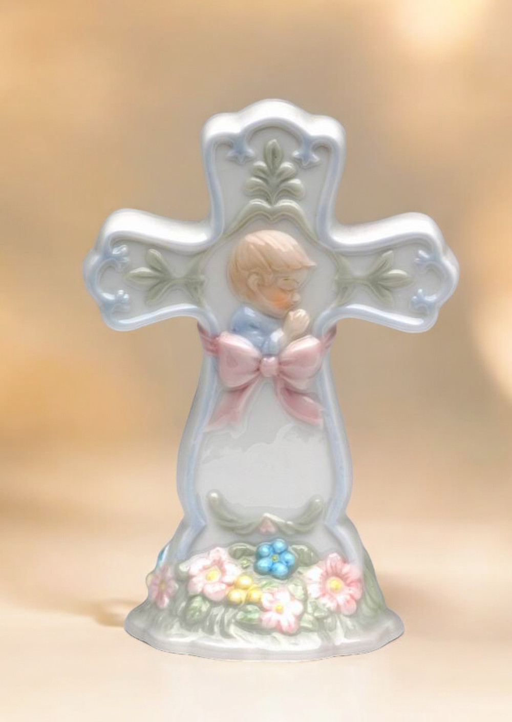 Ceramic Praying Boy Cross Figurine, Religious Gift or Decor, Baptism Gift, Nurse gallery