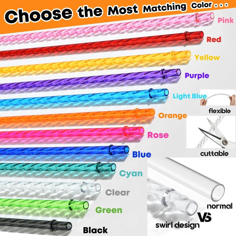 12Pack Reusable Plastic Clear Swirl Straws, 13" Extra Long Colorful Hard Plas... gallery