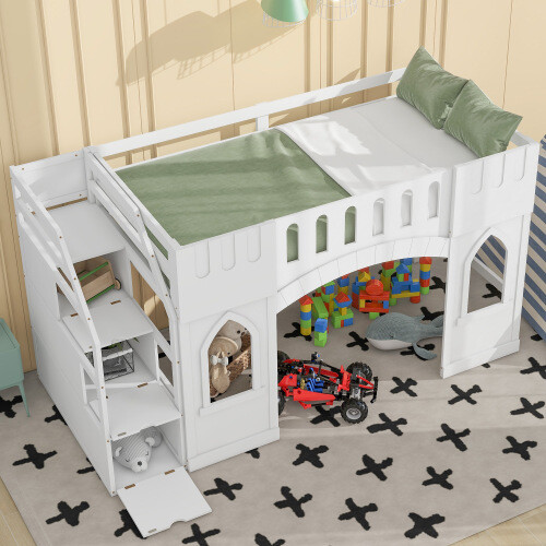 Playhouse Design Loft Bed with Storage Staircase and Window Twin Size Bed Frames gallery