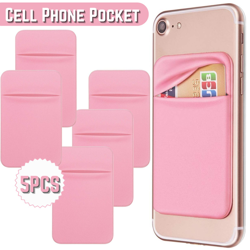 5pcs Credit Card Holder Cell Phone Wallet Pocket Sticker Adhesive Pouch Pink