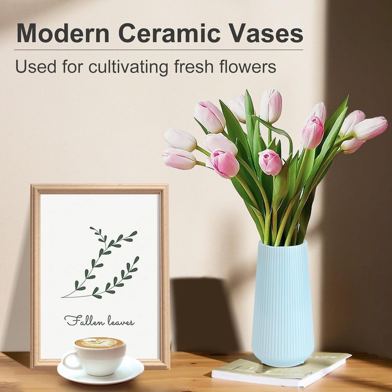 Compact Blue Ceramic Flower Vase - Stylish Table Centerpiece for All Rooms gallery