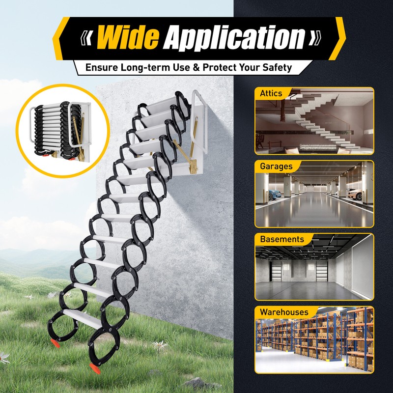 10ft Pull Down Folding Attic Ladder 12 Steps Anti-slip Wall-mounted Stairs gallery
