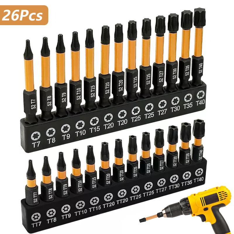 26pc Torx Security Bits - Tamper Resistant Design, Fits Safety Screws, 1/4" Hex​
