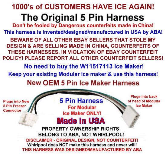 5 pin 4 wire ABA DESIGN OEM Icemaker HARNESS ONLY Replaces W11517113 Made in USA