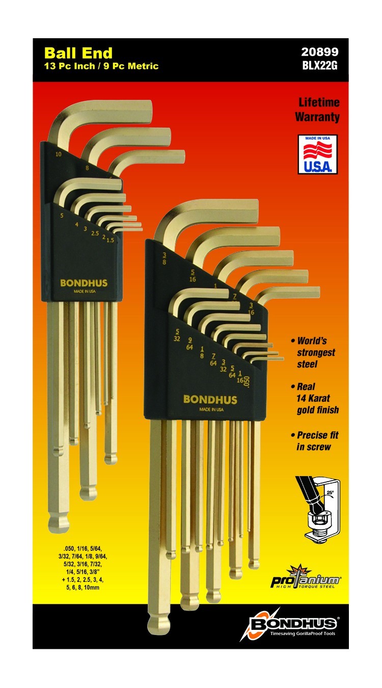 Bondhus 22pc GoldGuard Ball End Hex L Wrench Set Metric SAE Inch USA MADE 20899 gallery