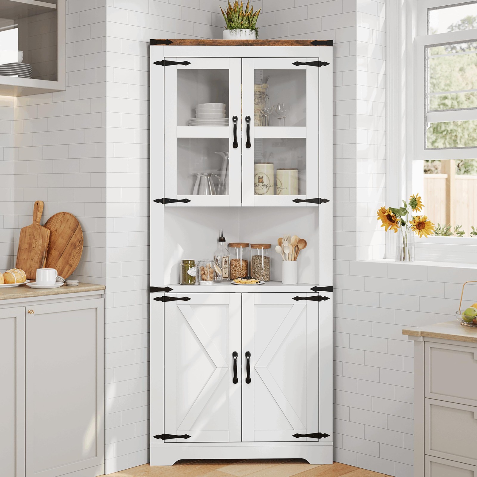 Tall Storage Cabinet，Farmhouse Corner Cabinet, with 4 Door and Adjustable Shelve gallery