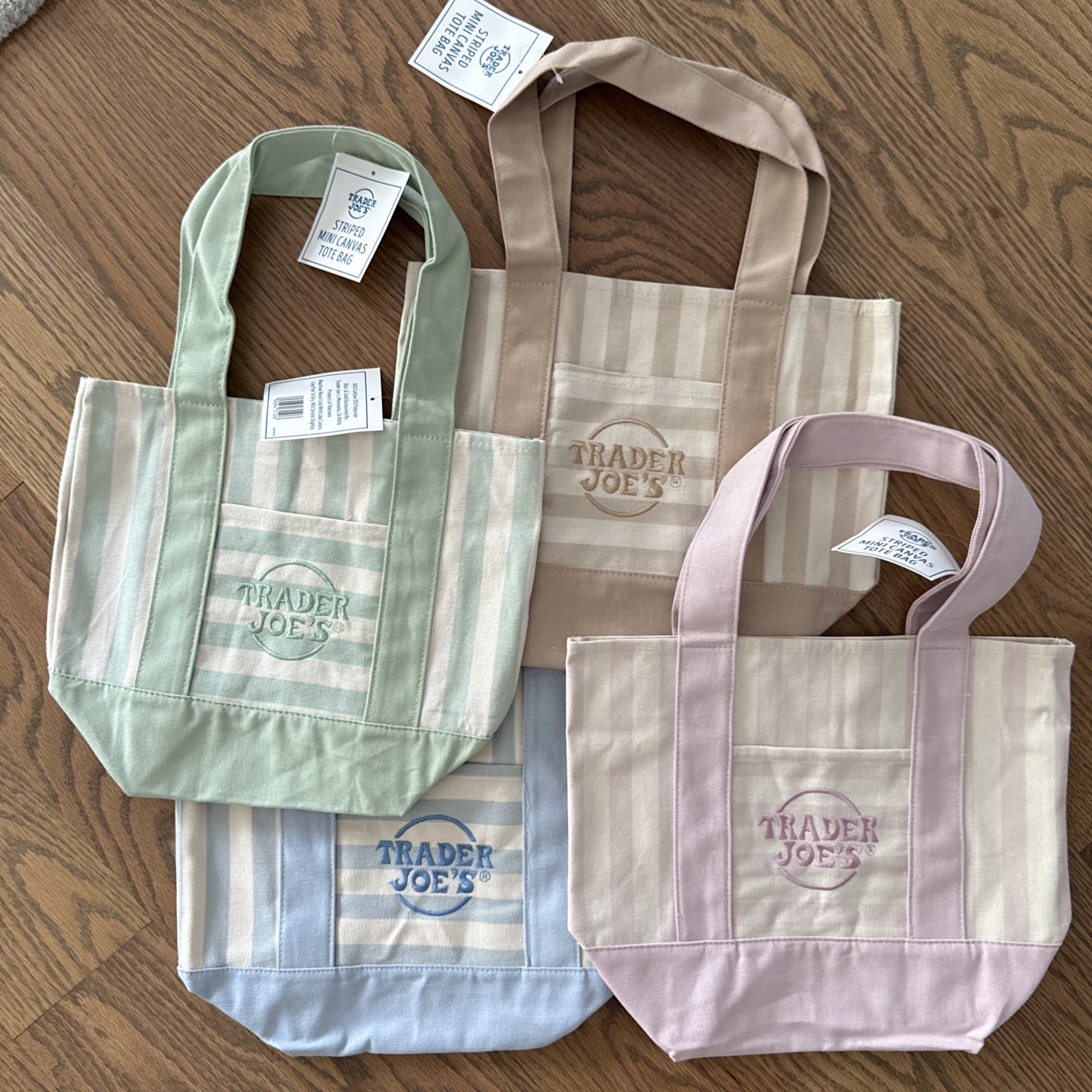 Trader Joe’s 2026 Stripe Mini Tote Set 4 Pink Blue Green Tan NWT New Lot! gallery