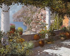 ceramic tile mural backsplash. Positano terrace garden Mediterranean sea view.