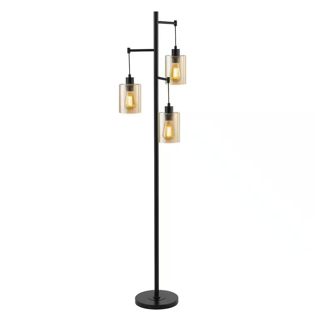 69 In. Black/Amber 3-Light Tree Floor Lamp with Clear Glass Shade gallery