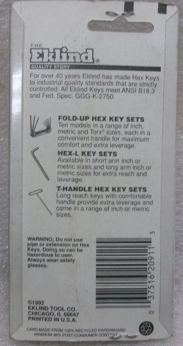 EKLIND FOLD-UP SAE INCH HEX KEY SET 9 IN 1 NO. 91 EDP NO. 20911 #413F gallery