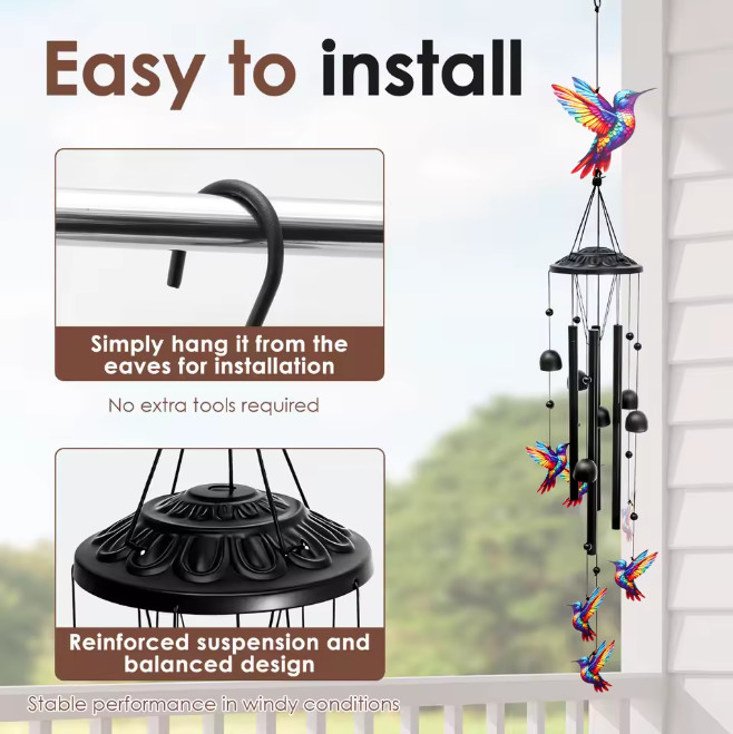 Large Hummingbird Wind Chimes Outdoor Garden Decor Black Aluminum Tubes Hanging gallery
