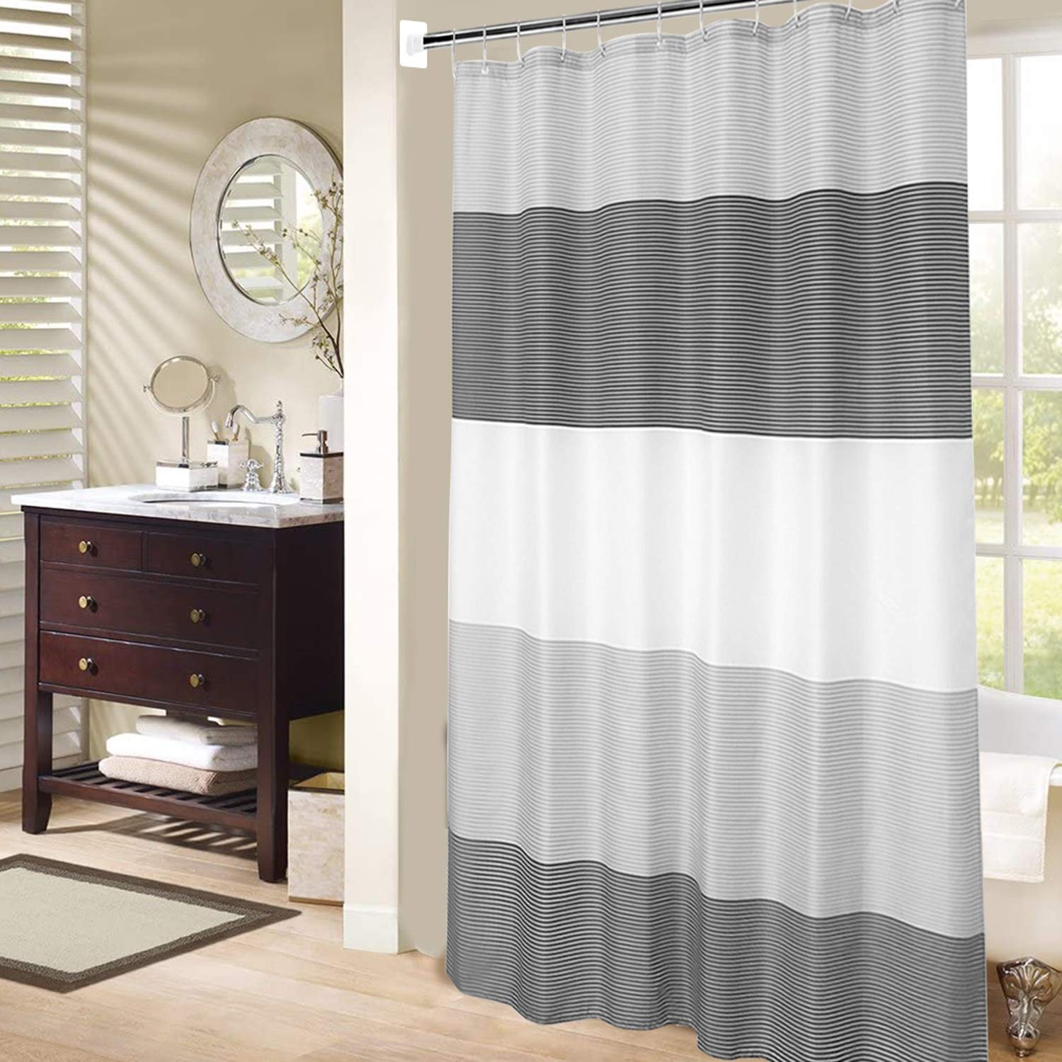 Extra Wide Shower Curtain Mens Bathroom Black and Gray Wrap Around Microfiber gallery