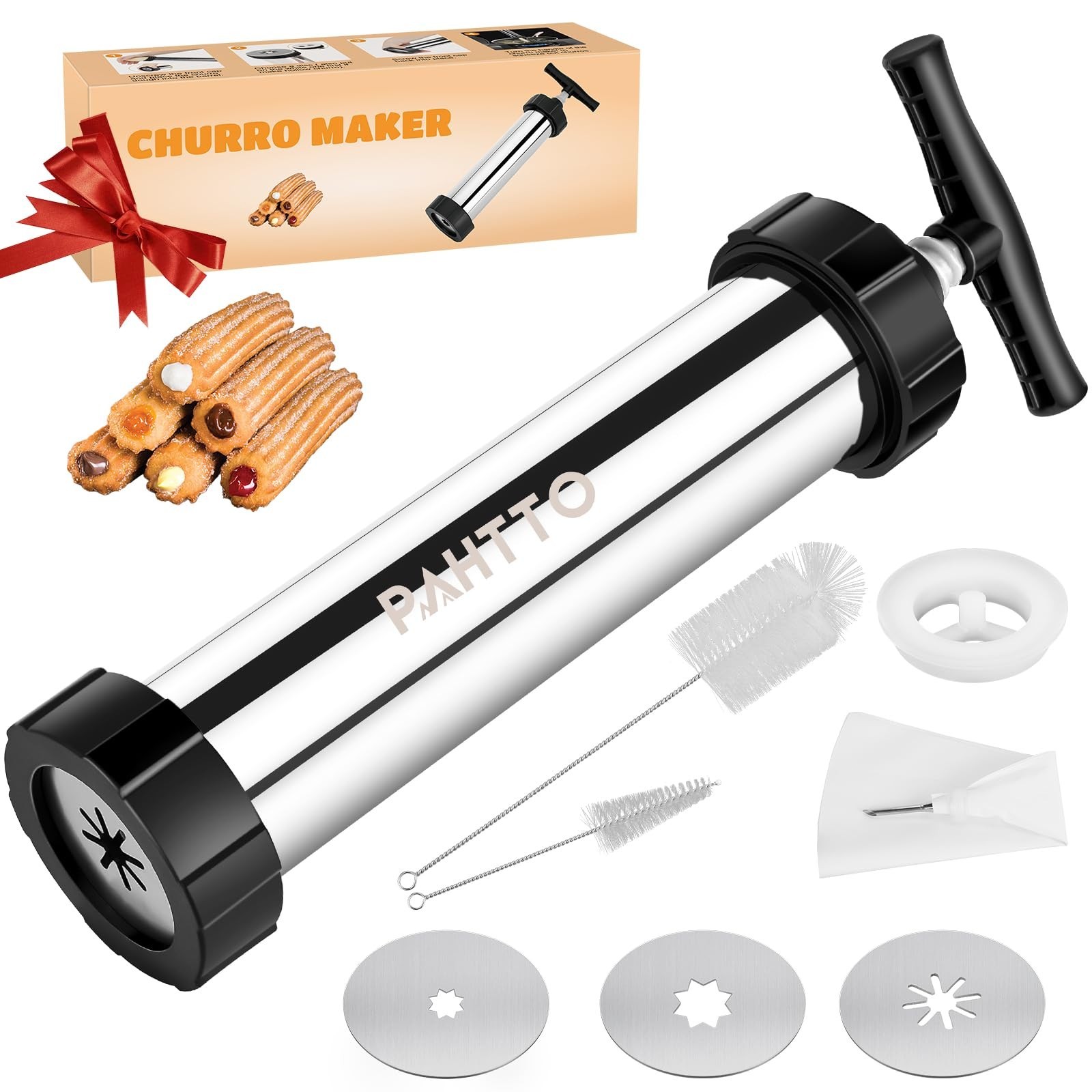 Stainless Steel Churro Maker Gun with Piping Bag, 2 Cleaning Brushes, 4 Nozzles gallery