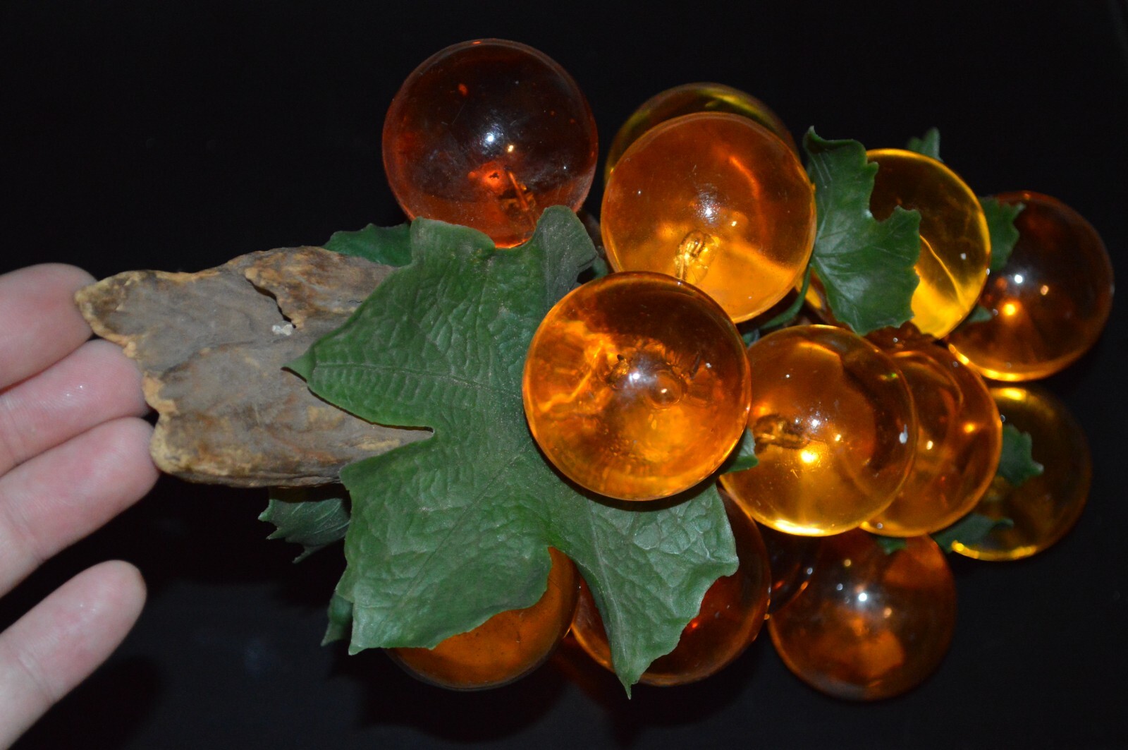 Lucite Acrylic Orange Amber Large Grapes Cluster on Drift Wood 11” Long Vintage gallery