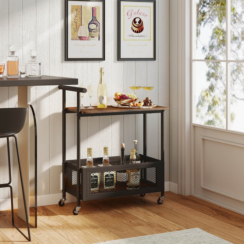 Rolling End Table w/Lockable Wheels Handle 2 Storage Shelves Industrial Bar Cart gallery