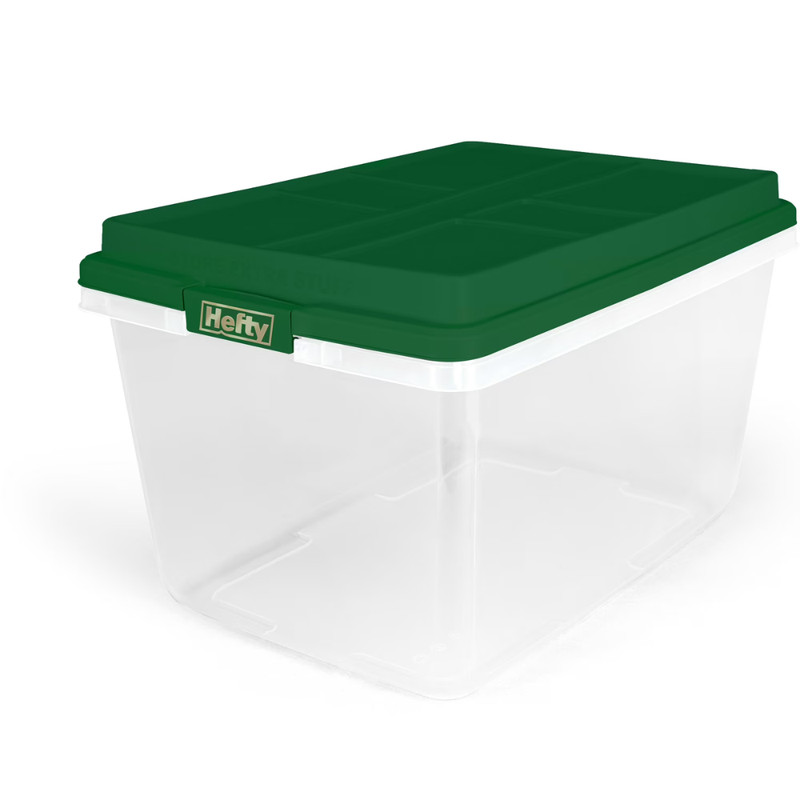 Hefty 72 Qt Clear Plastic Storage Bin, Green Hi-Rise Lid, Stackable Tote, 6 Pack gallery