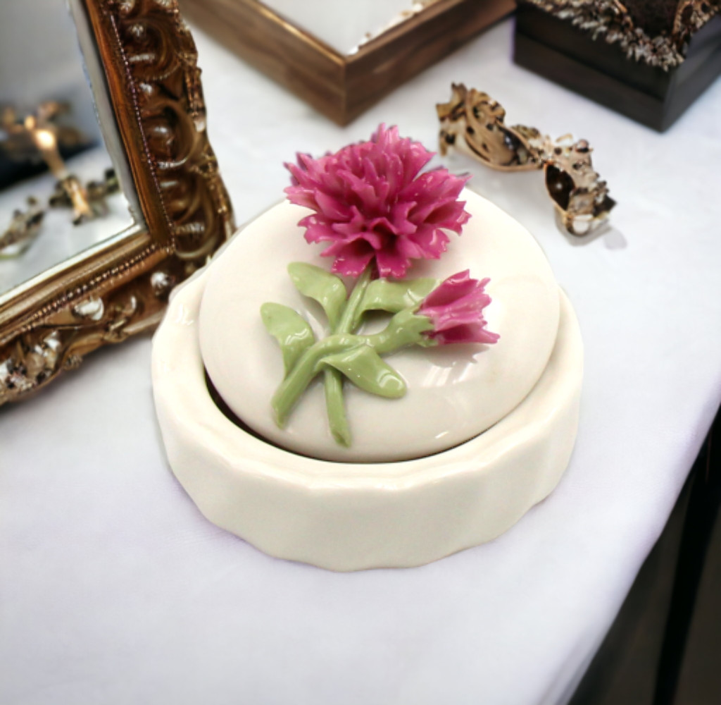 Ceramic Carnation Flower Jewelry Box, Home Décor, Gift for Her, Gift for Mom, Va gallery