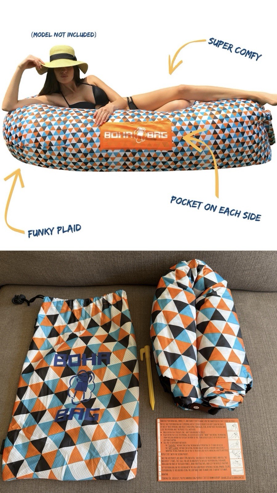 Boha Bag Inflatable Lounger Beach Bed Travel Camping Blow Up Beach New, No Box gallery