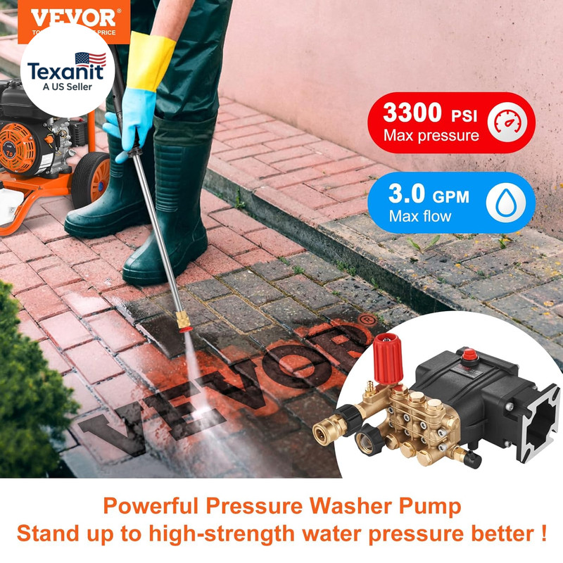 Horizontal Triplex Pressure Washer Pump, 3/4" Shaft, 3300 PSI, 3.0 GPM, Replacem gallery