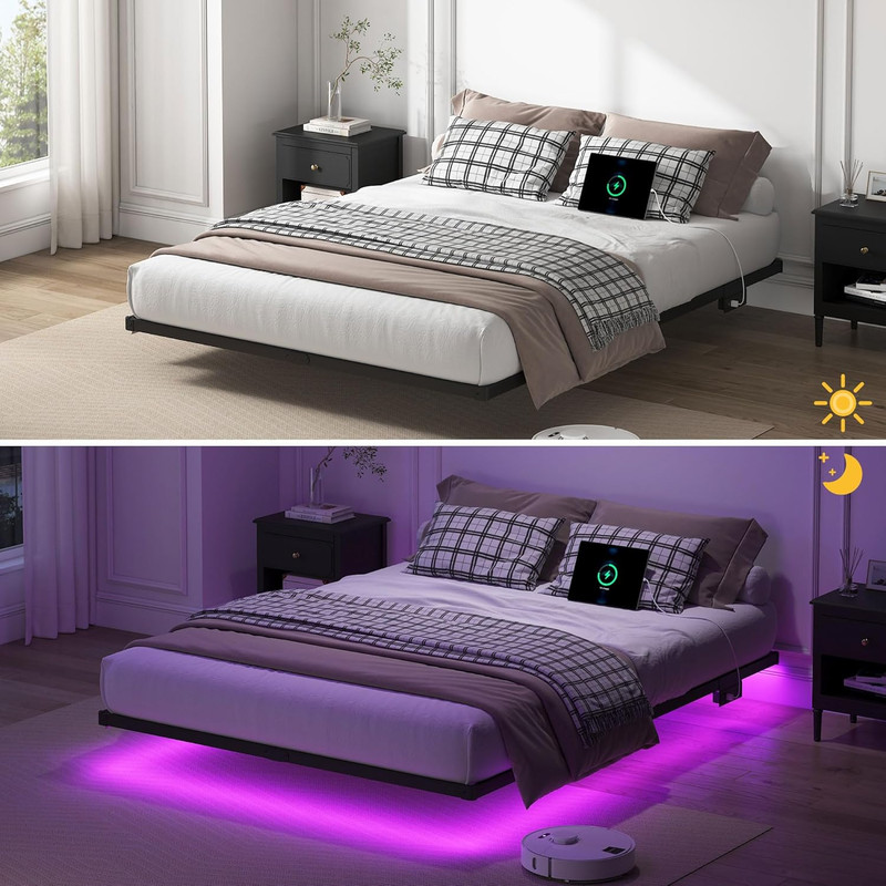 Full Size Floating Bed Frame with LED Lights & Charging Station, Easy Assembly gallery