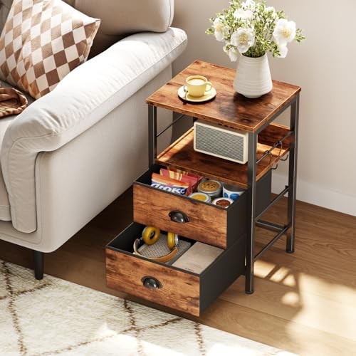 Nightstand with 2 Fabric Drawers, Night Stand with 2-Tier Rustic Brown 1pc gallery