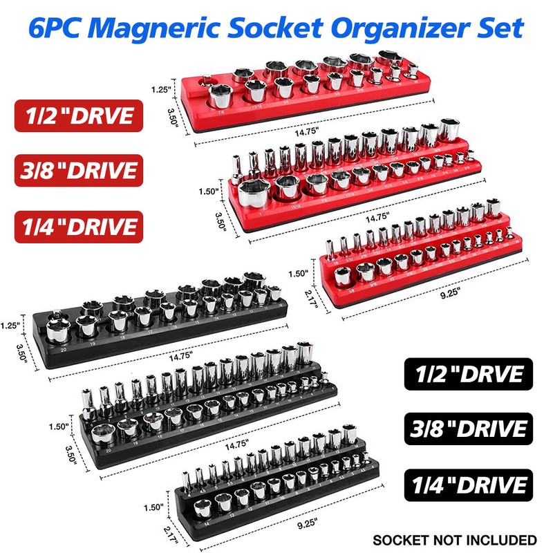 6-PACK Set Magnetic Socket Organizer Holder 1/4'' 3/8'' 1/2'' Drive SAE Metric gallery