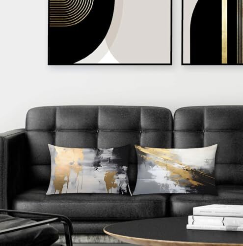 Black and Gold Pillow Covers, Abstract White 20" x 12" (Pack of 1) Black Grey gallery