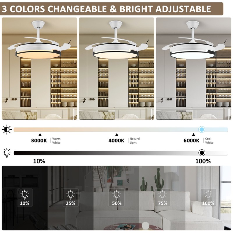 42" Smart Retractable Ceiling Fan Light w/ 3-Color Dimmable LED Light & Remote gallery