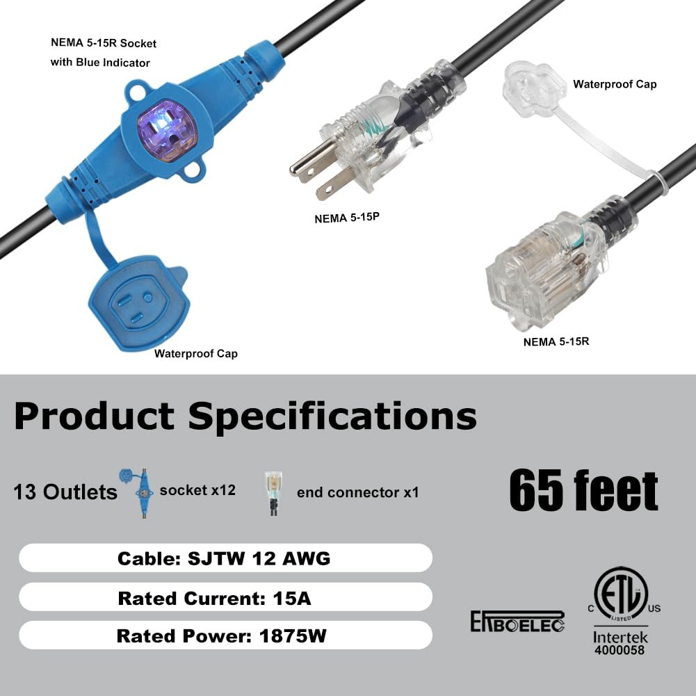 65 Feet Multi Outlet Extension Cord 12 Gauge13 Nema 5-15R Evenly Spaced Outlets gallery