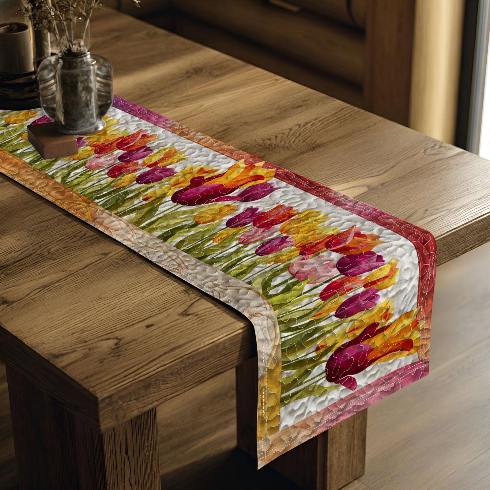 Tulips Quilted Table Runner, Pink Yellow Floral Table Runner Spring Dining 2026 gallery