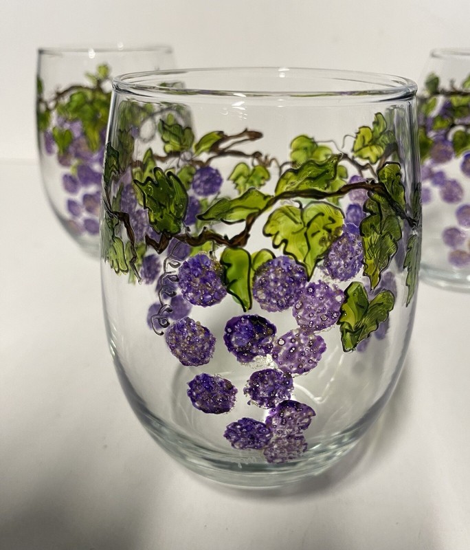 Hand Painted Grape Vine Clusters Stemless Wine Cocktail Glasses 12 oz 4.5” gallery