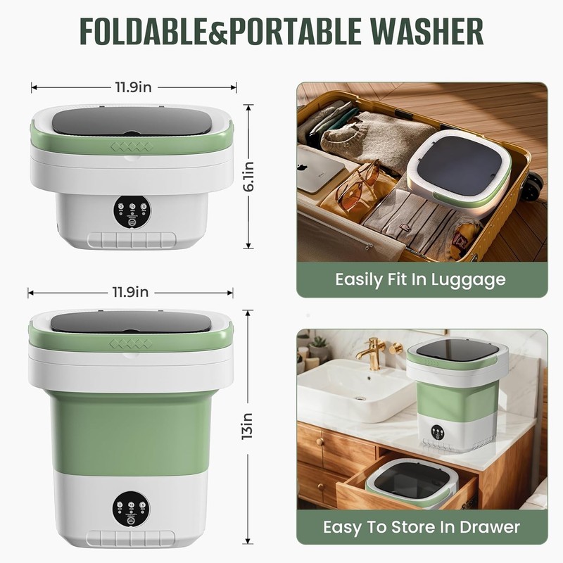 16L Foldable Portable Washing Machine, 45dB Quiet 3-Mode Mini Washer, Green gallery
