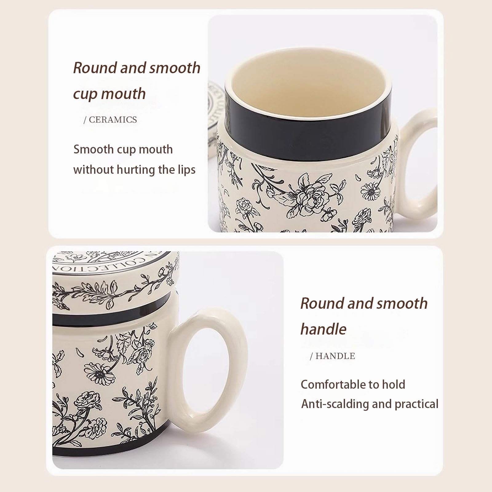 Ceramic Coffee Mug with Lid 12.9oz Flower Pattern Porcelain Tea Latte Black gallery