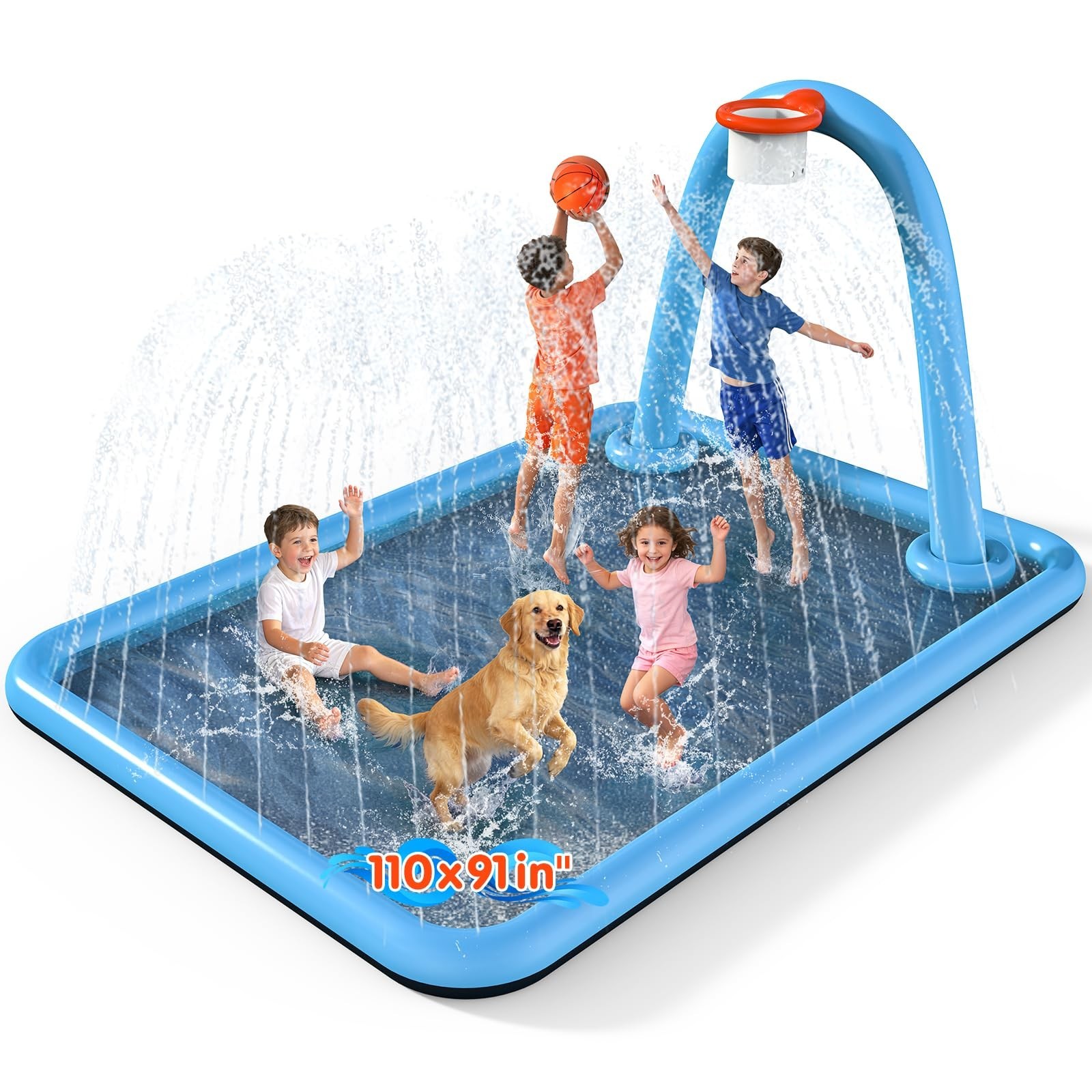 Splash Pad, 110x91'' 2-in-1 Large Sprinkler Mat with Basketball Hoop and Arch... gallery