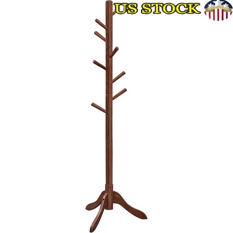 Durable Solid Wood Coat Rack Adjustable Height 3 Sections 8 Hooks Stable Base US