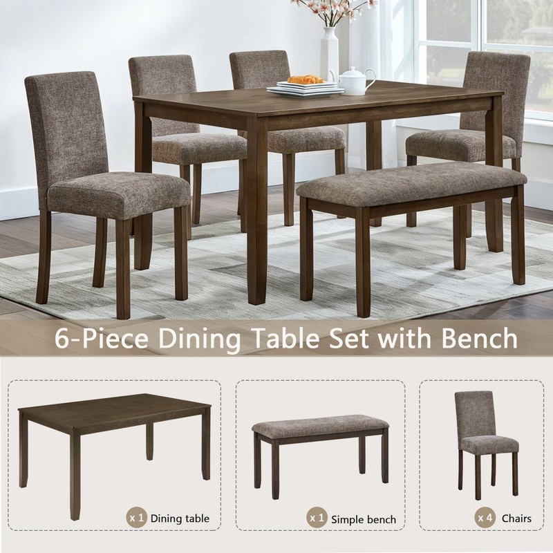 6-Piece Dining Table Set Wood Rectangular Rustic w/ 4 Upholstered Chairs & Bench gallery