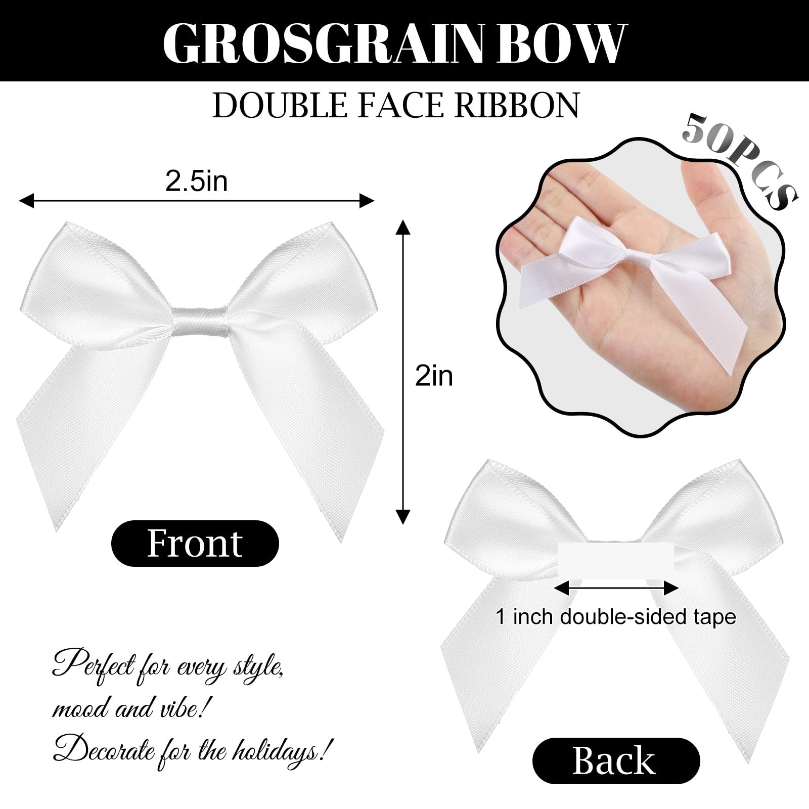 50 PCS White 2 Inch Self Adhesive Satin Ribbon Bows Premade Gift Wrap Tape gallery