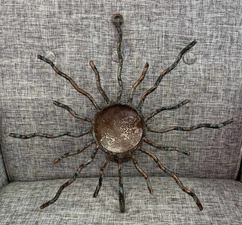 Vintage Copper Sun Face Wavy Rays Wall Decor With Candle Holder Verdigris Patina gallery
