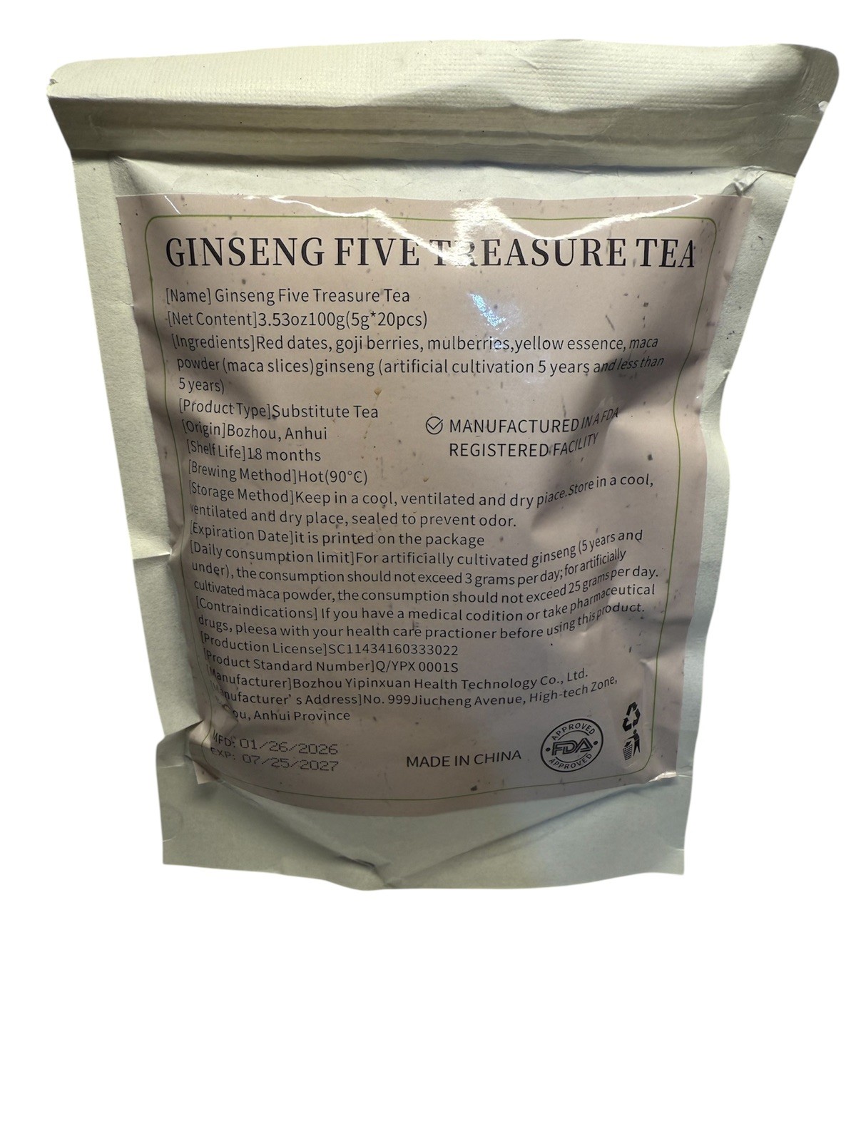 Ginseng Five Treasure Tea Herbal Wellness Blend–100g(20 pcs) Free Shipping gallery