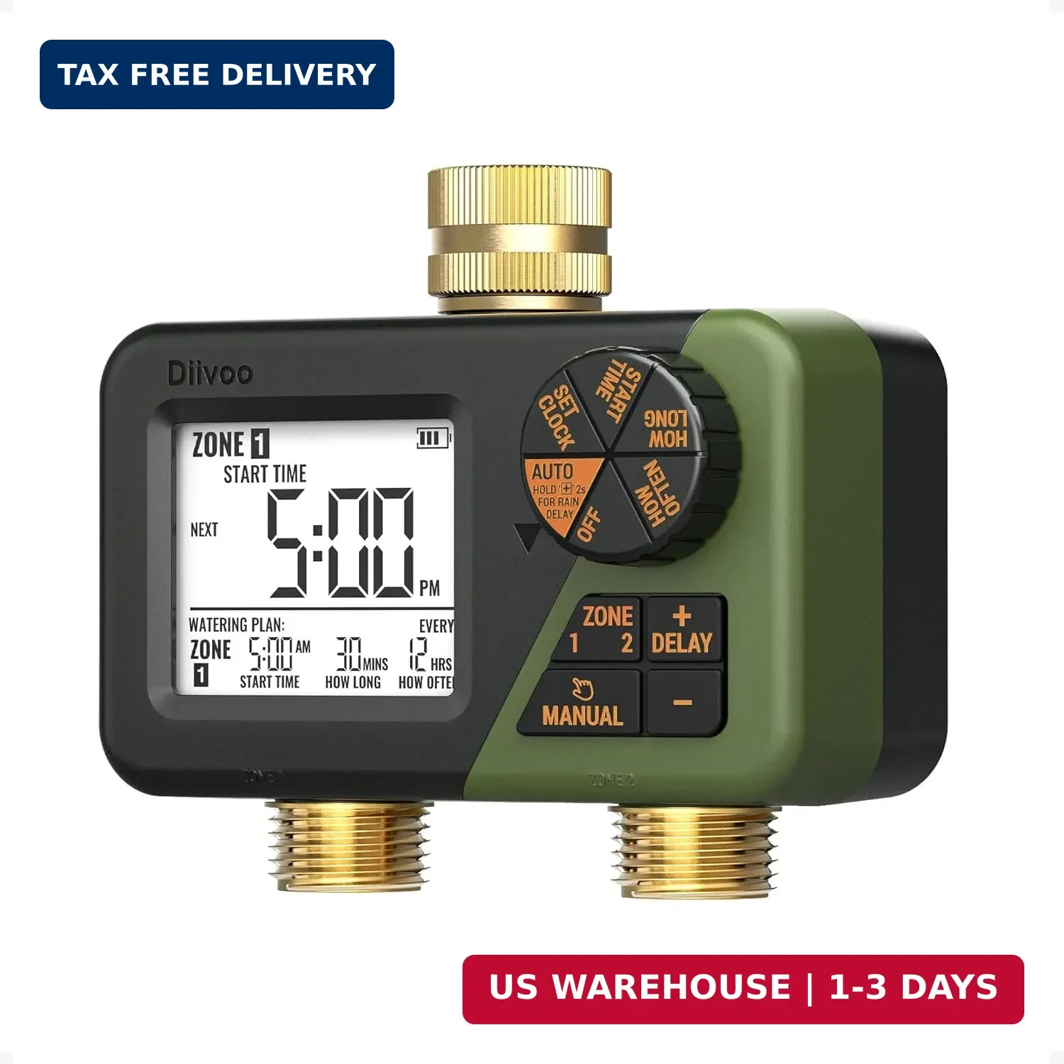 Brass Hose Timer 2 Outlets for Outdoor Watering, Diivoo IP66 Waterproof Programm gallery