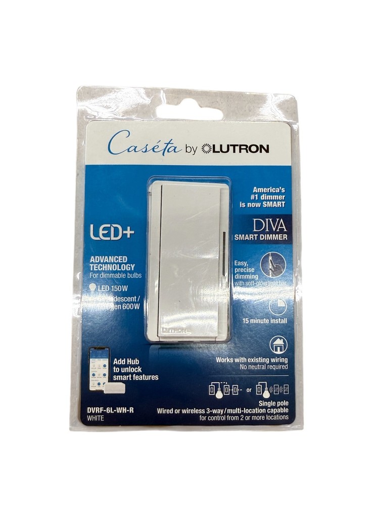 Lutron Caseta Diva Smart Dimmer Switch DVRF-6L-WH-R White 150W LED/600W