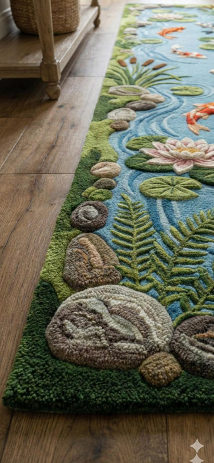 Hand Tufted Koi Pond Wool Runner Rug Nature Hallway Decor Water Garden Japanese gallery
