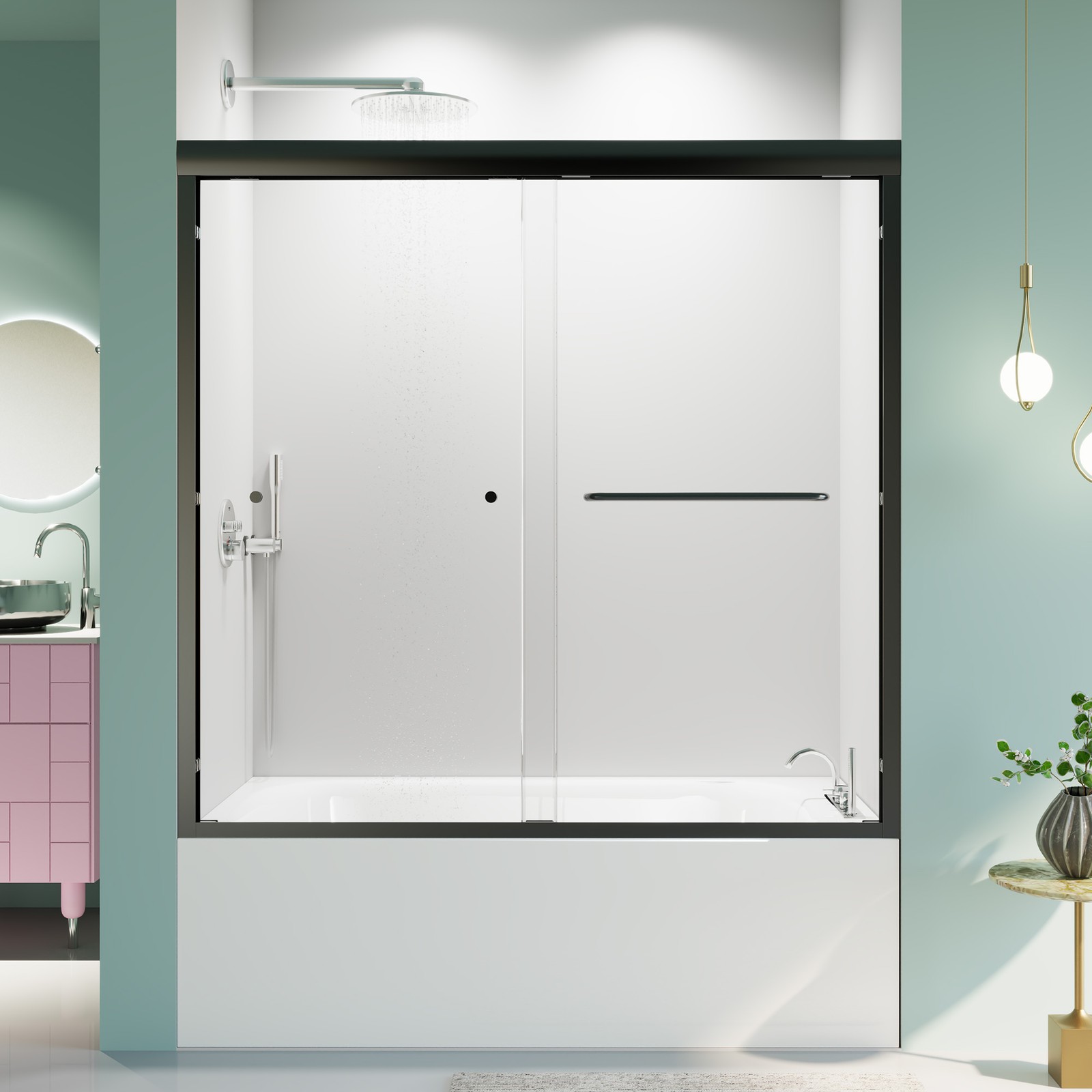 Semi-Frameless Double Sliding Tub Shower Door, 56"-60"W x 58"H, Matte Black gallery