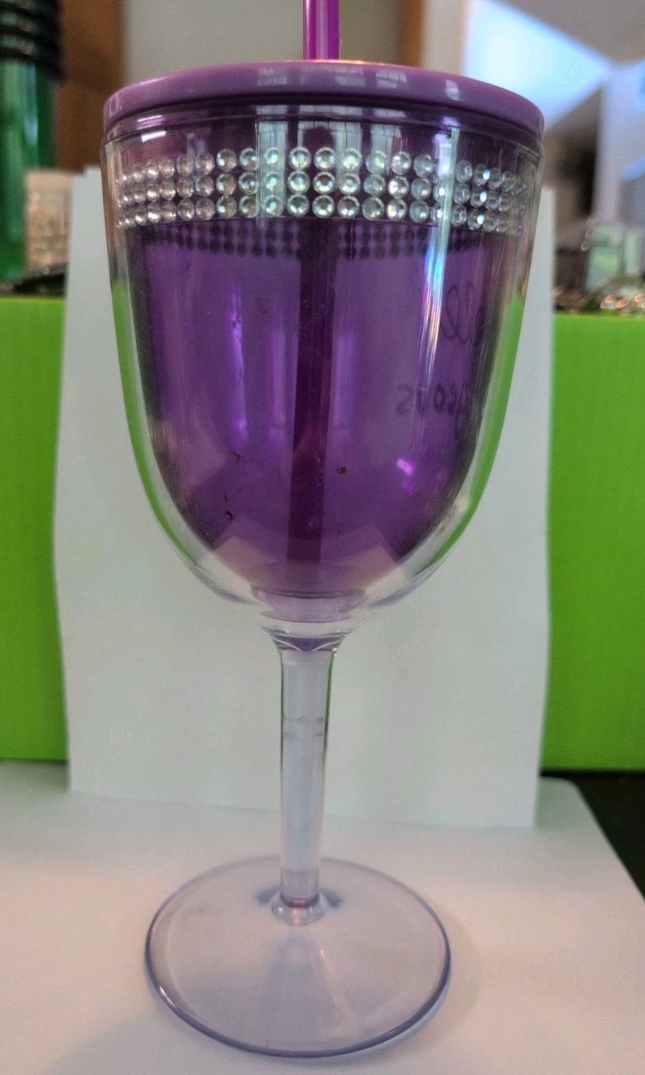 Purple With Rhinestones Large Wine Glass Plastic With Lid 8" gallery