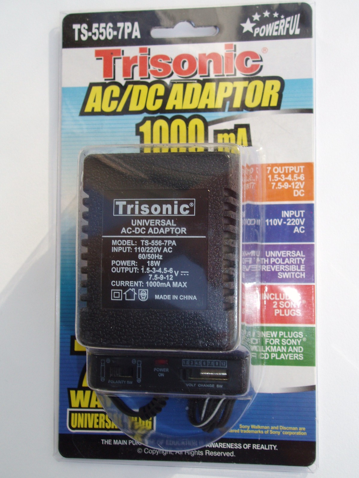 Universal AC/DC Power Adaptor 110V/220V Output 1.5 3 4.5 6 7.5 9 12 V 1000 mA gallery