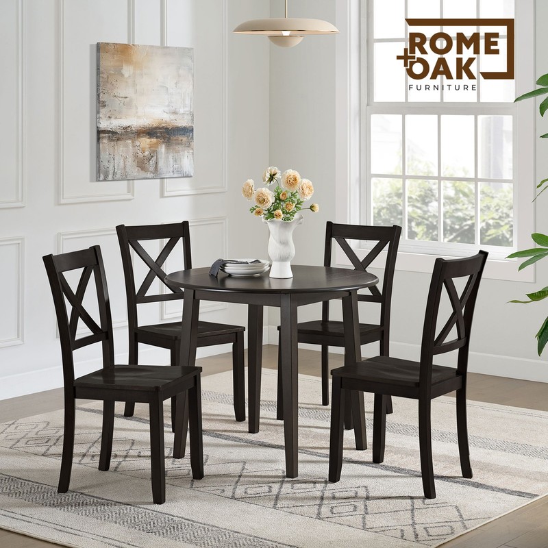 ROME + OAK Hinged Drop Leaf Dining Table, 22 to 36 Inch Round Tabletop, Brown gallery