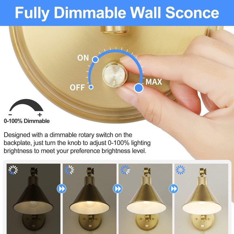 Adjustable Swing Arm Wall Light Sconce Set - Dimmable with Brushed Brass Finish gallery