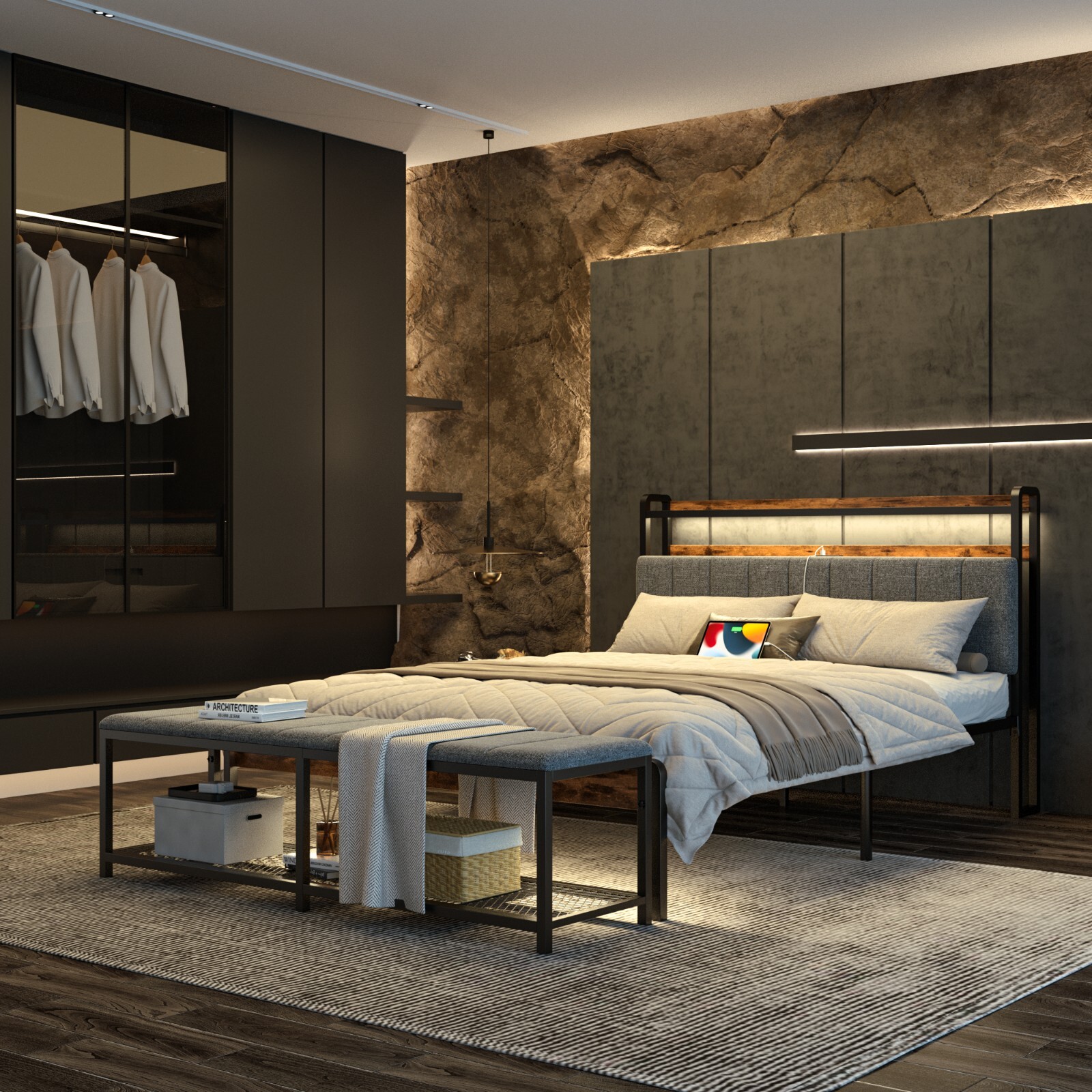 Full Queen Heavy Duty Metal Bed Frame with Shelf Charging Station and Bench gallery