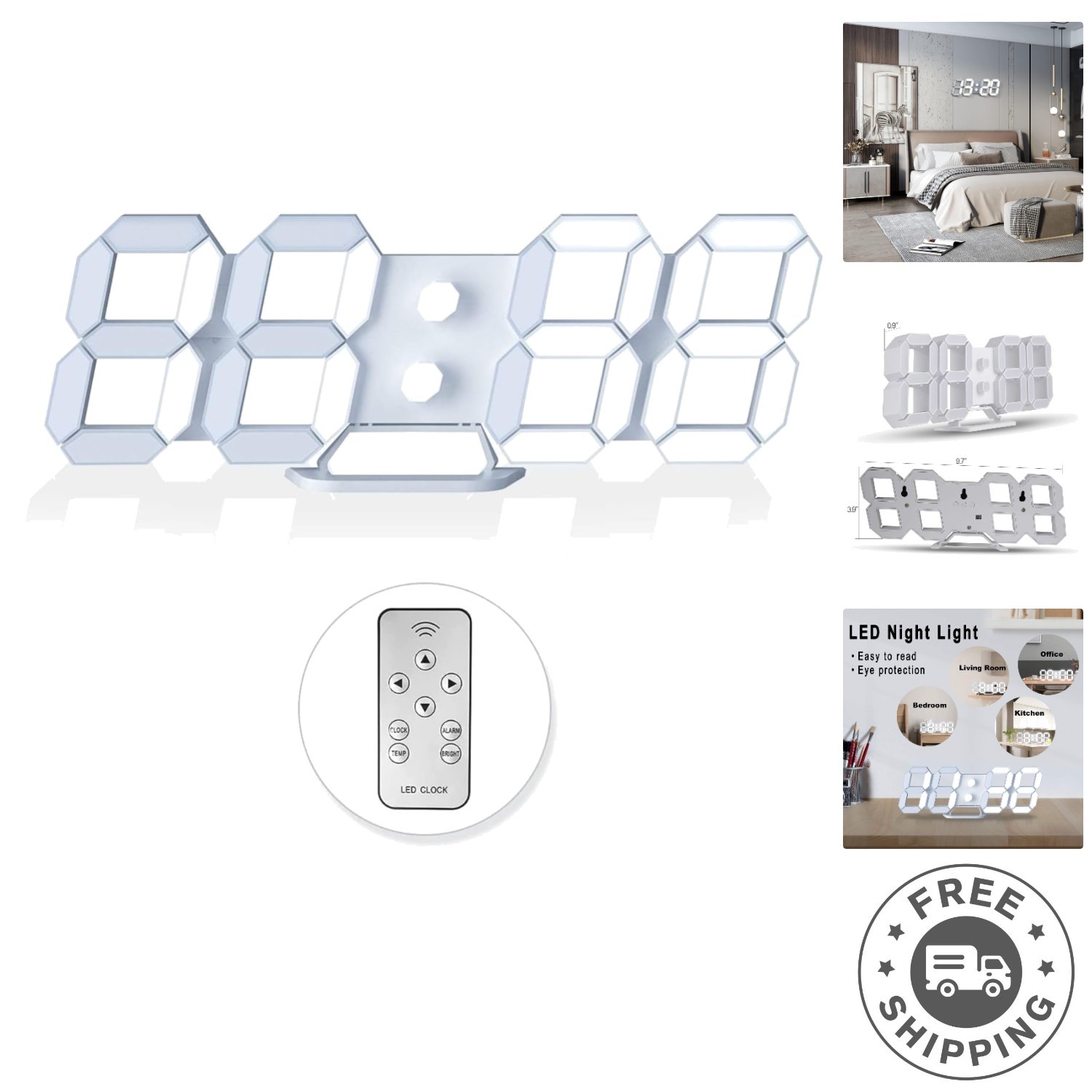 Elegant 3D LED Digital Wall Clock with Remote Control - 9.7" Night Light gallery